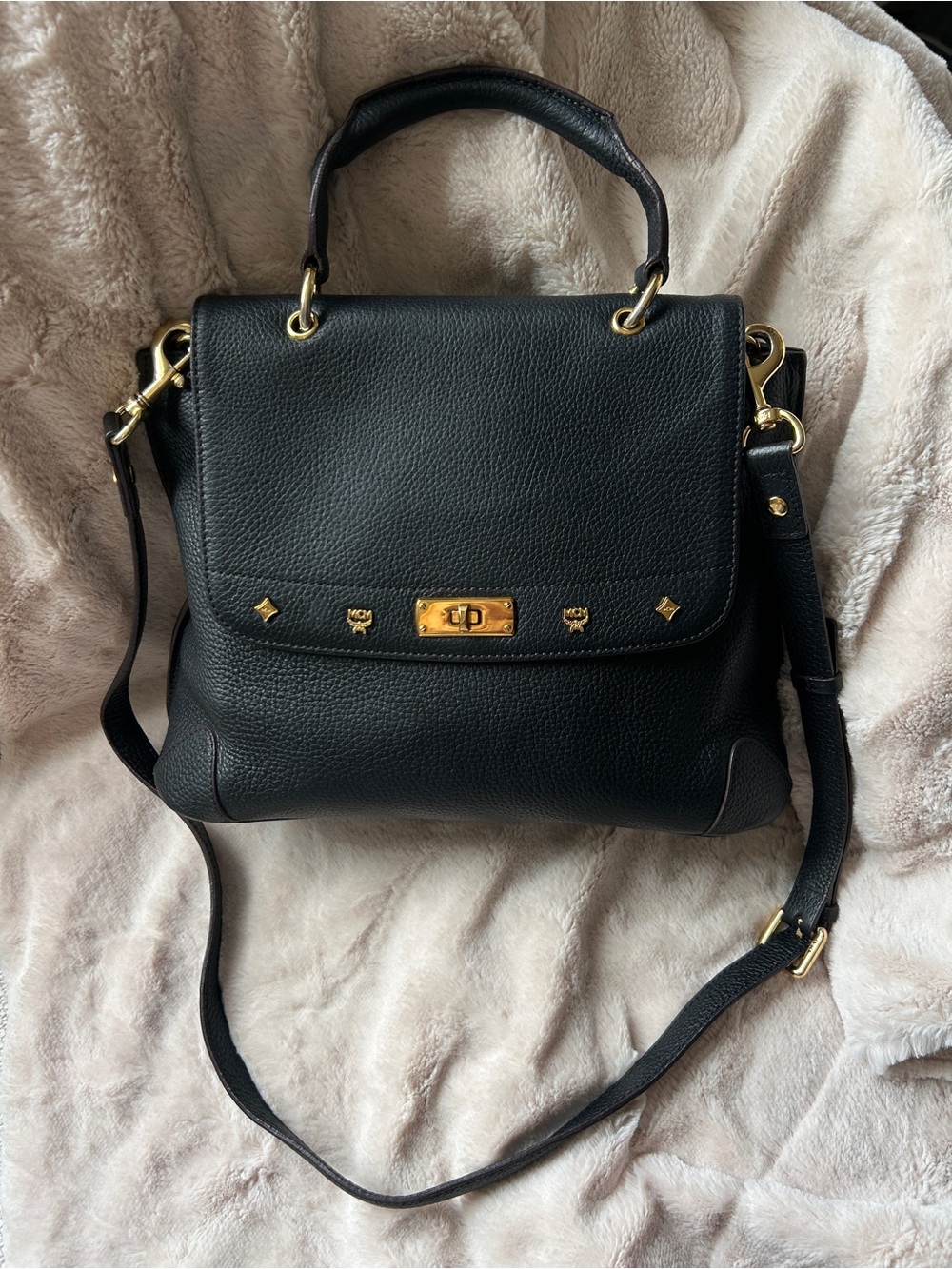 MCM Black Leather Satchel Crossbody Bag Gold Hardware